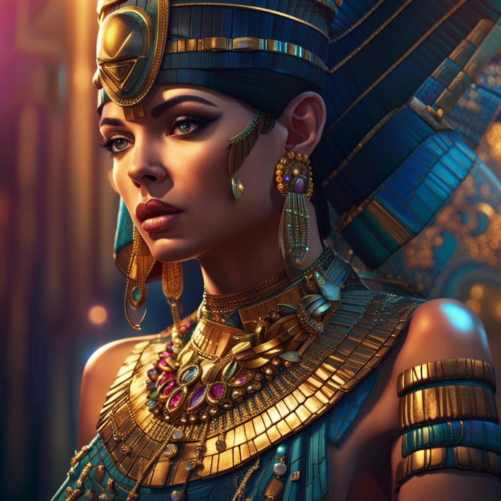 Hyperrealistic Cleopatra Portrait with Jewelry and Makeup