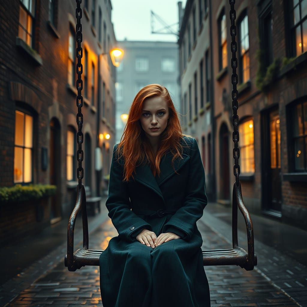 Ethereal Dublin Night Scene: Young Irish Woman on a Rusty Sw...