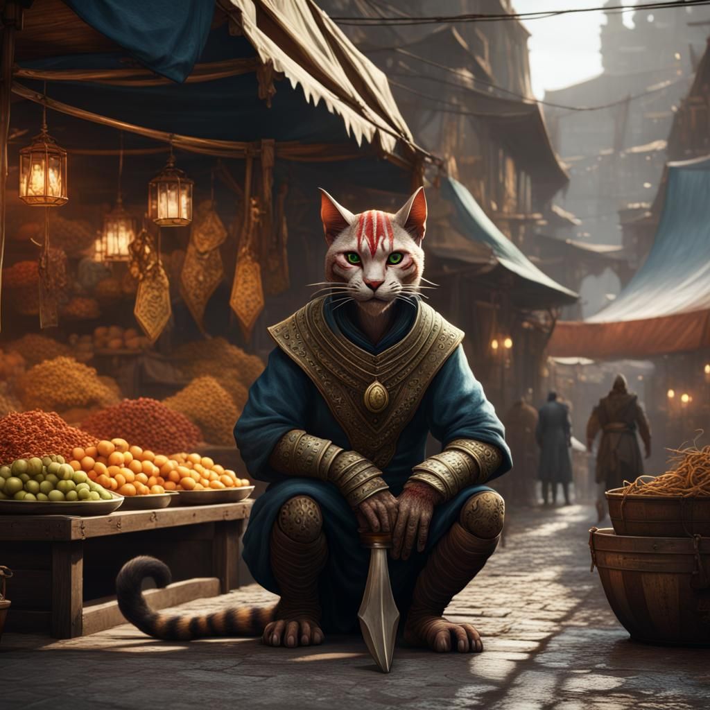 Khajiit Sneaking Through Market: Detailed Fantasy Art