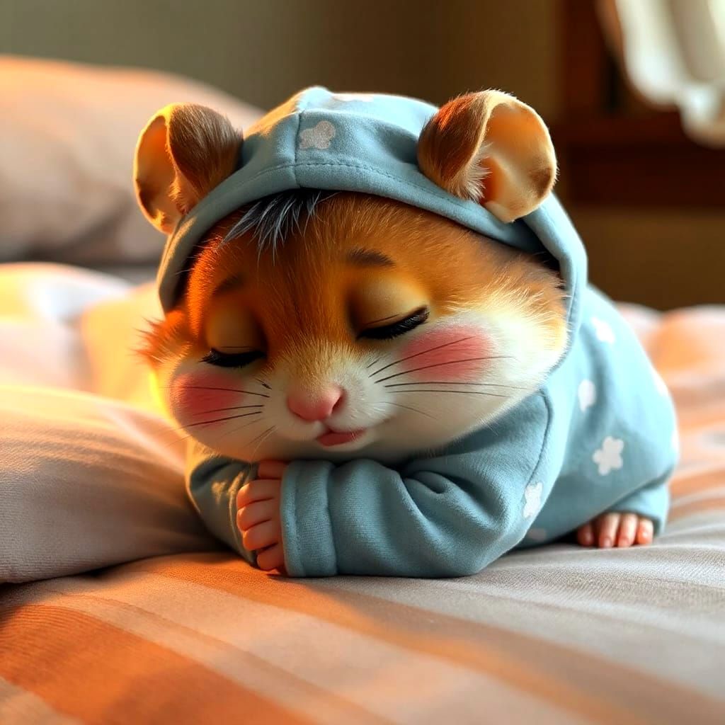 Exhausted Hamster Flopping to Sleep in Whimsical Cartoon Sty...