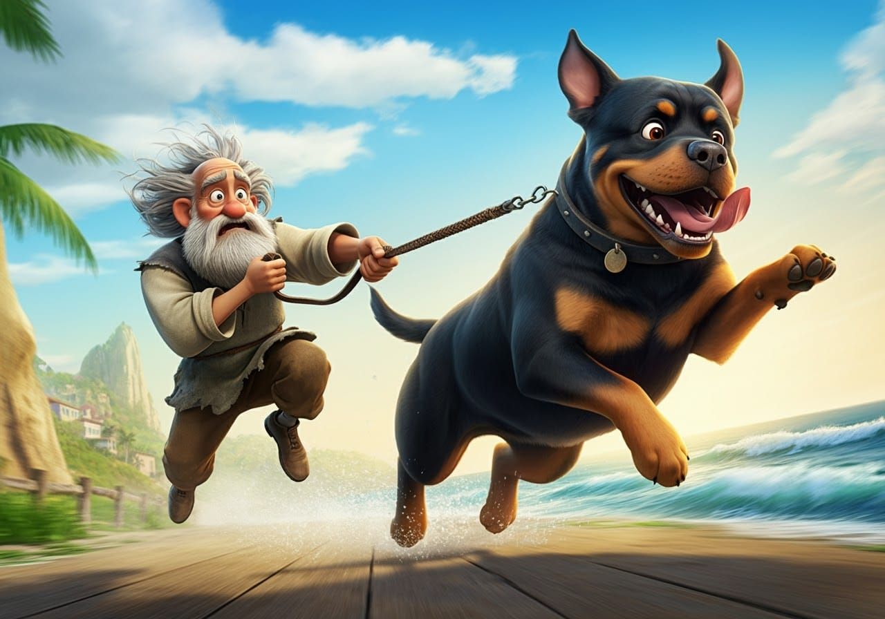 Cartoon Rottweiler Pulls Man on Sunny Beach