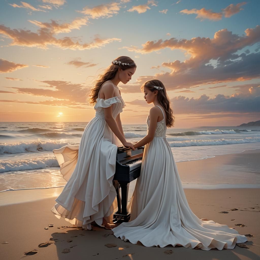 Girl Plays Piano at Dawn on Peaceful Beach