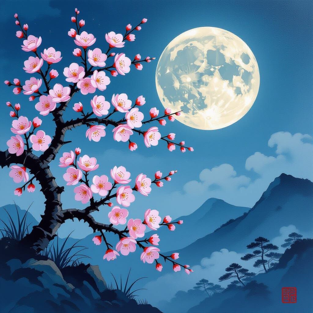 Ukiyo-e Cherry Blossoms Under Full Moon with Impasto Texture