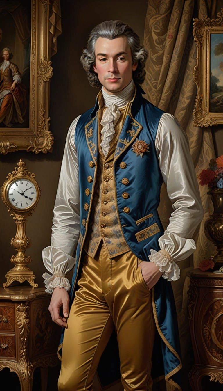 Regal Gentleman in 18th-Century Attire, Holding Pocket Watch