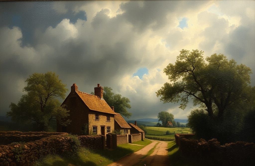 Rustic Village Scene in Warm Oil Colors