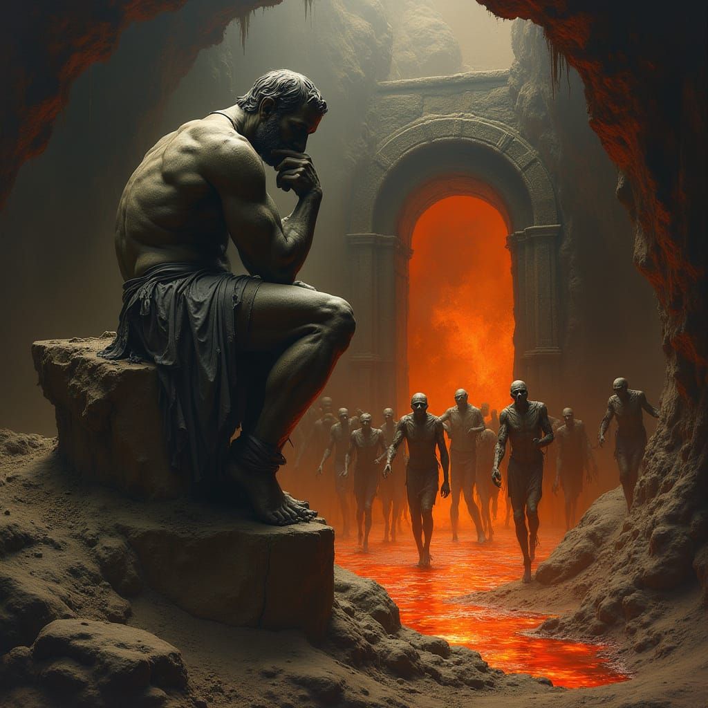 The Thinker in an Eerie, Expressionist Cavern