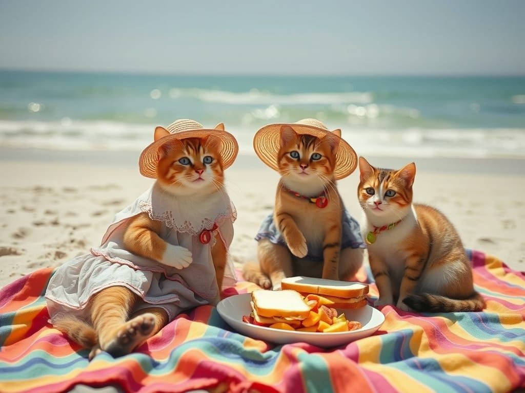 Cats Picnic on Beach in Photorealistic Style