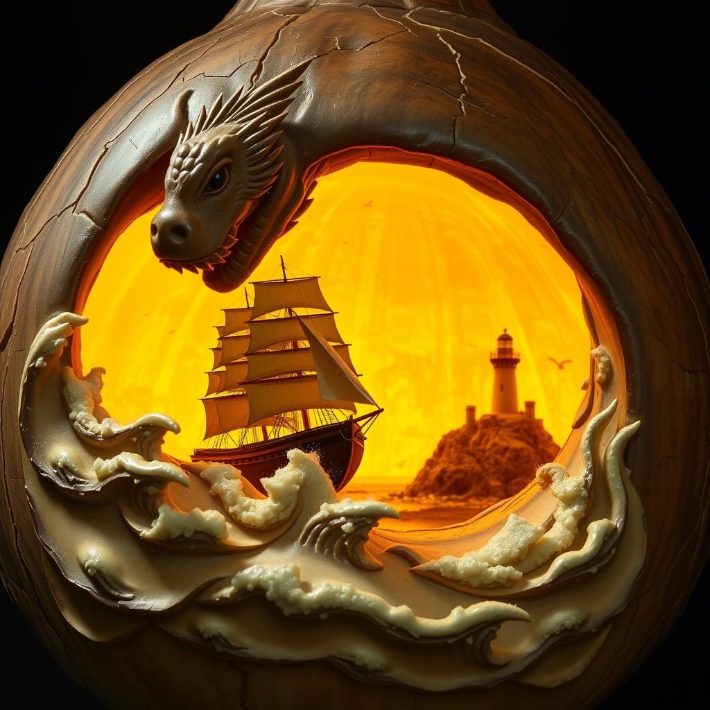 Sea Serpent Carved in Gourd Artwork