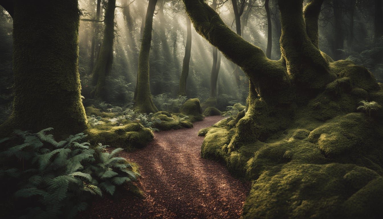Walkers on a Winding Woodland Path in Earthy Tones