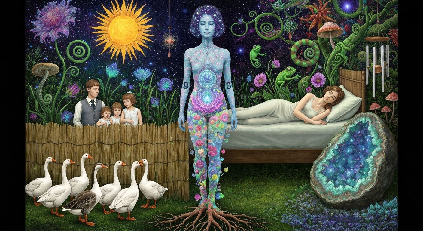 Folkloric Robot with Twins in Surreal Eco-Art Garden