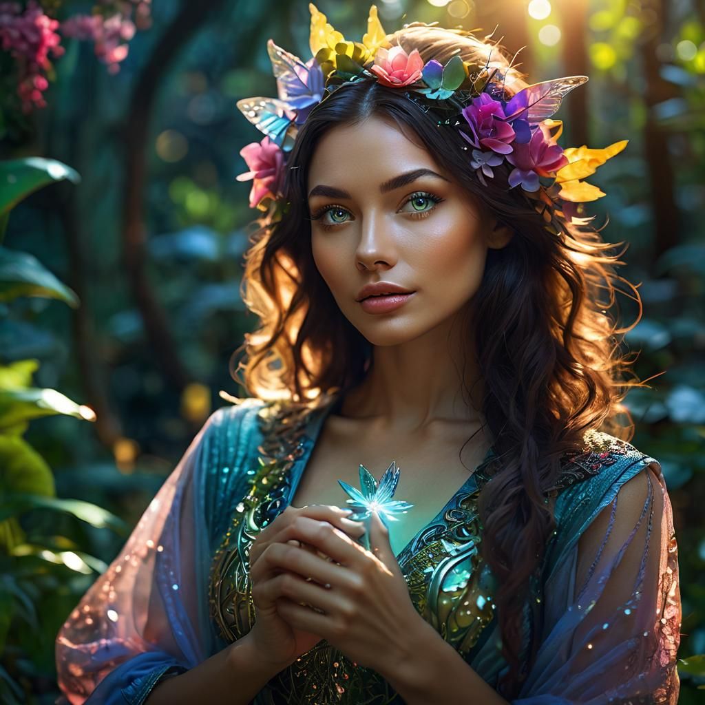 Enchanting Woman with Fairies in a Magical Garden
