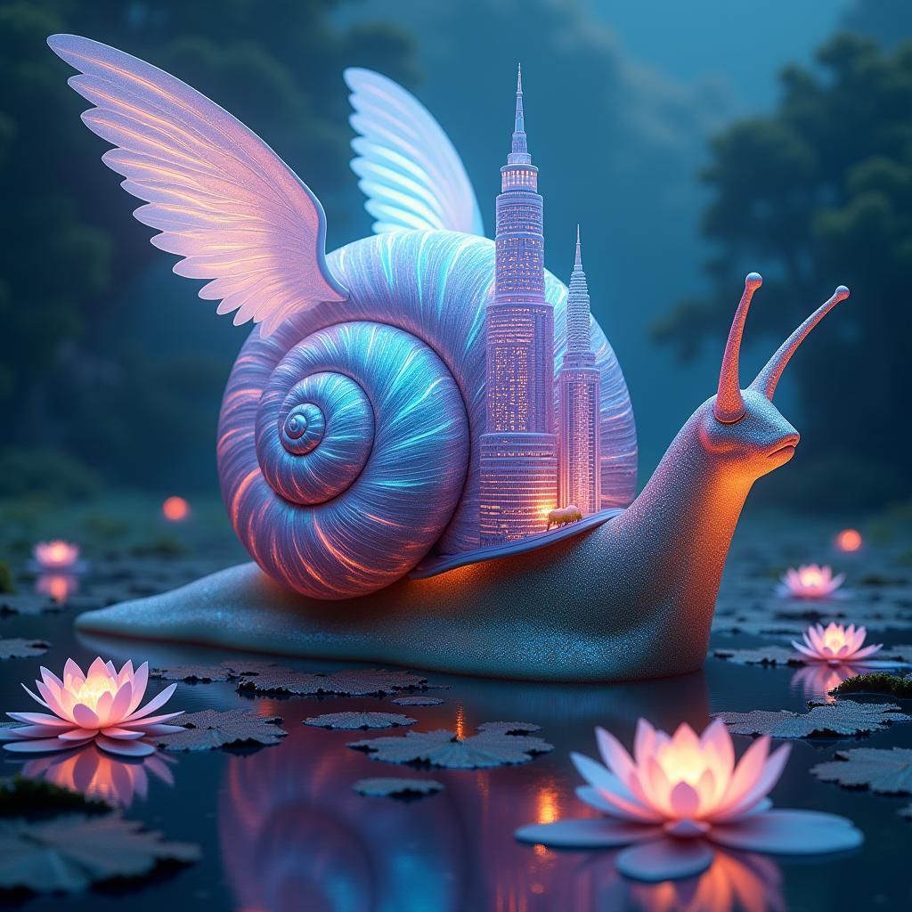 Bioluminescent Snail Cityscape with Angelic Wings