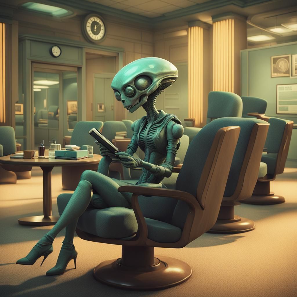 Retro Alien Secretary in Dusty 1940s Office