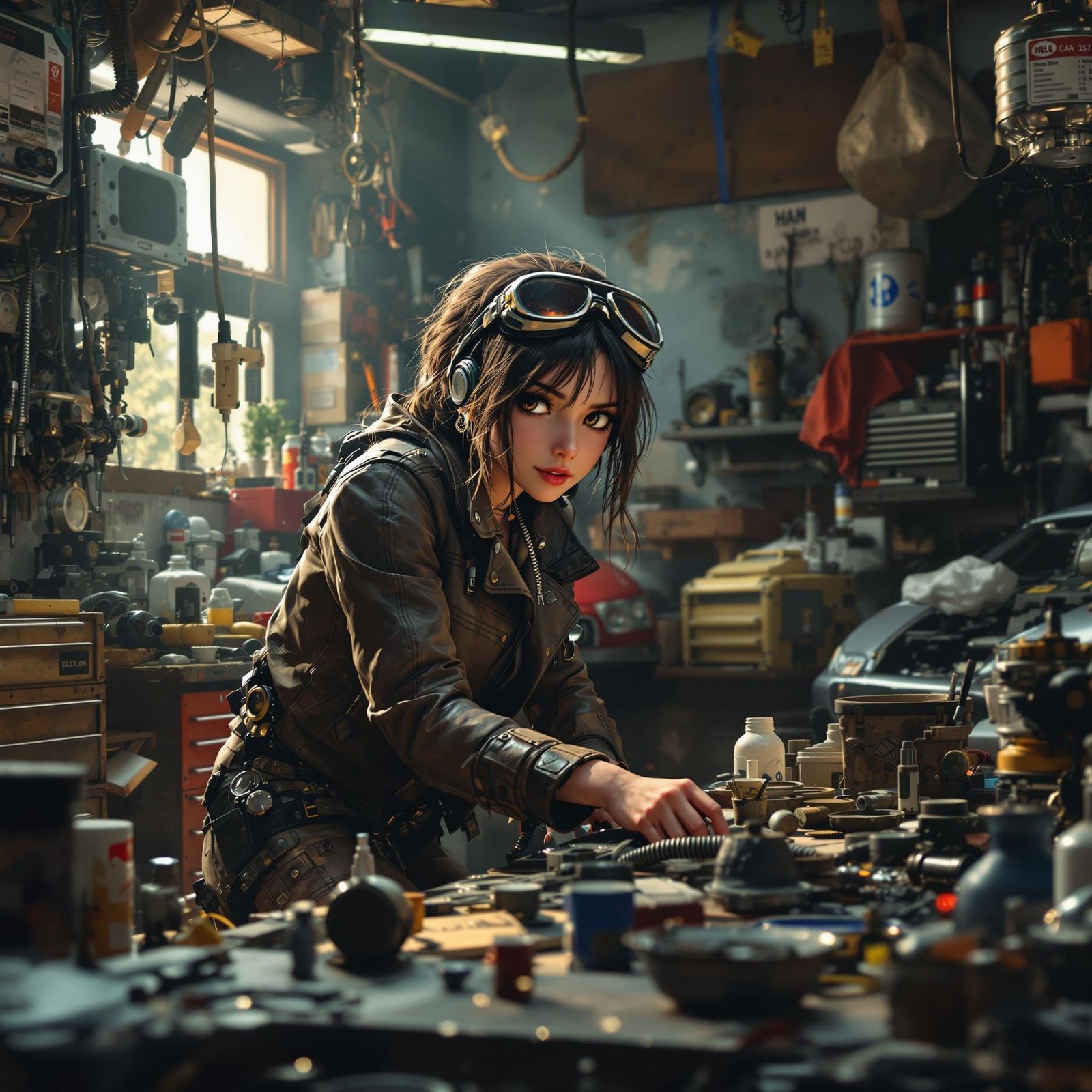 Cyberpunk Nomad Girl in Maximalist Garage, Digital Art