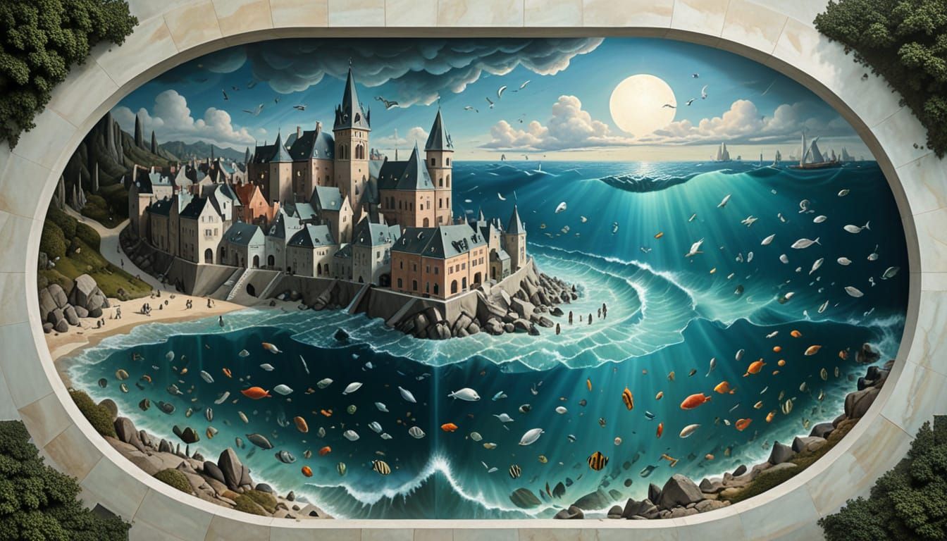 Intricate Seaflass Cityscape Mural in Calm Ocean