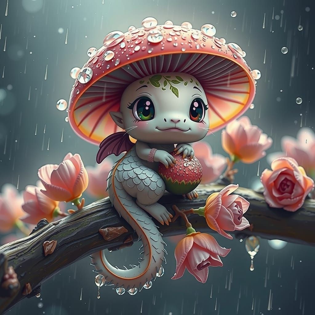 Mushroom Dragon on Flower Branch in Anime Style