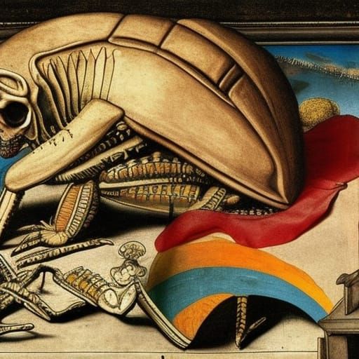 Surreal Rainbow Sky with Grasshopper Skeleton