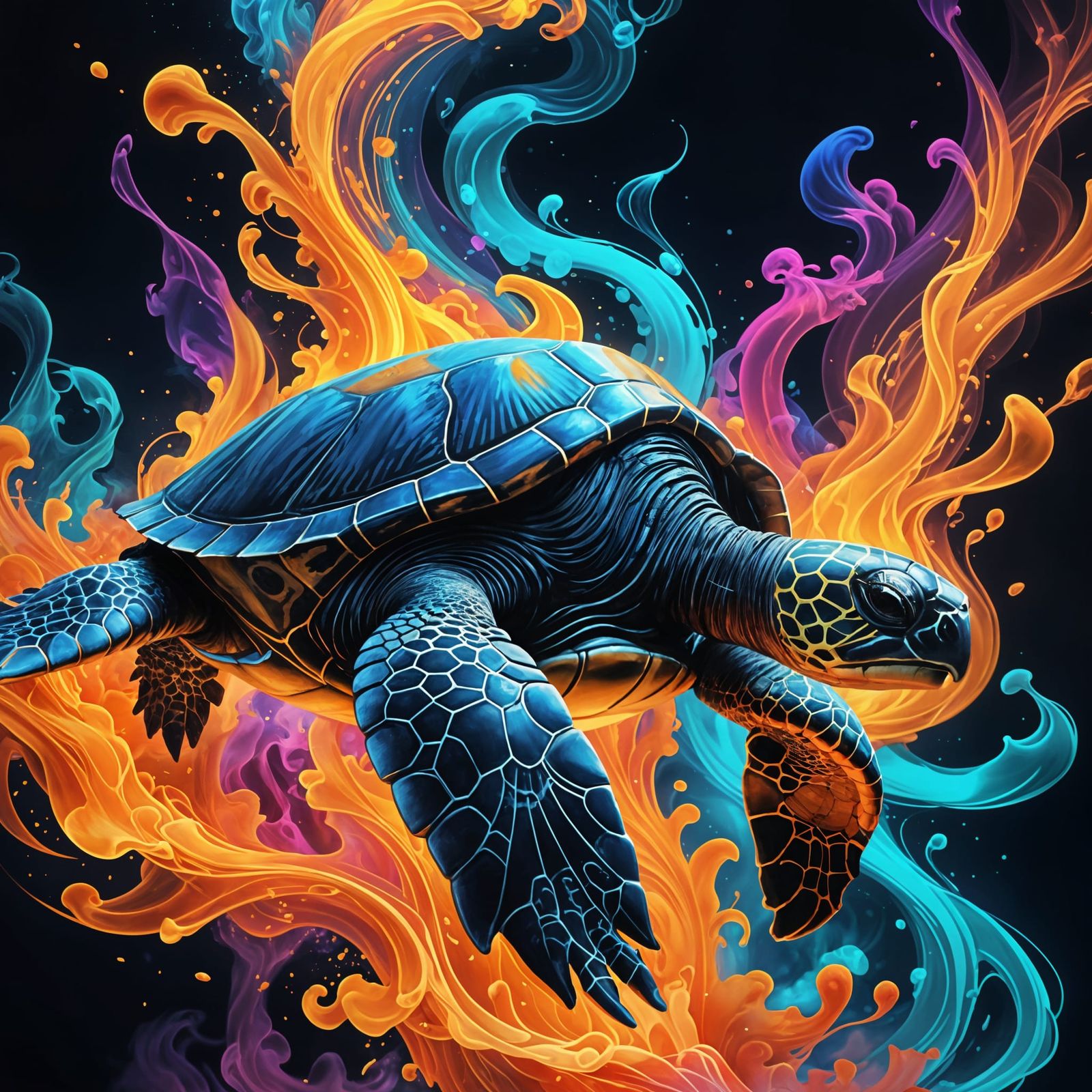 Majestic Sea Turtle in Vibrant, Glowing Smoke