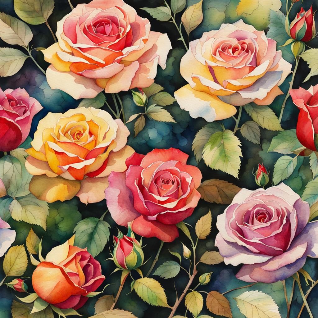 Watercolor Roses Growing Wild in Forest Field
