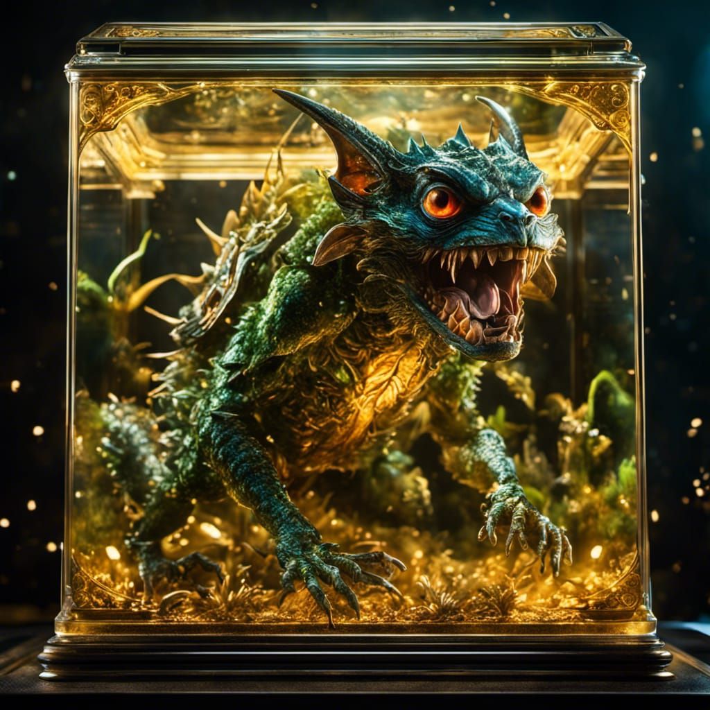 Luminous Gremlin in Glass Box: Hyperdetailed Fantasy Photo
