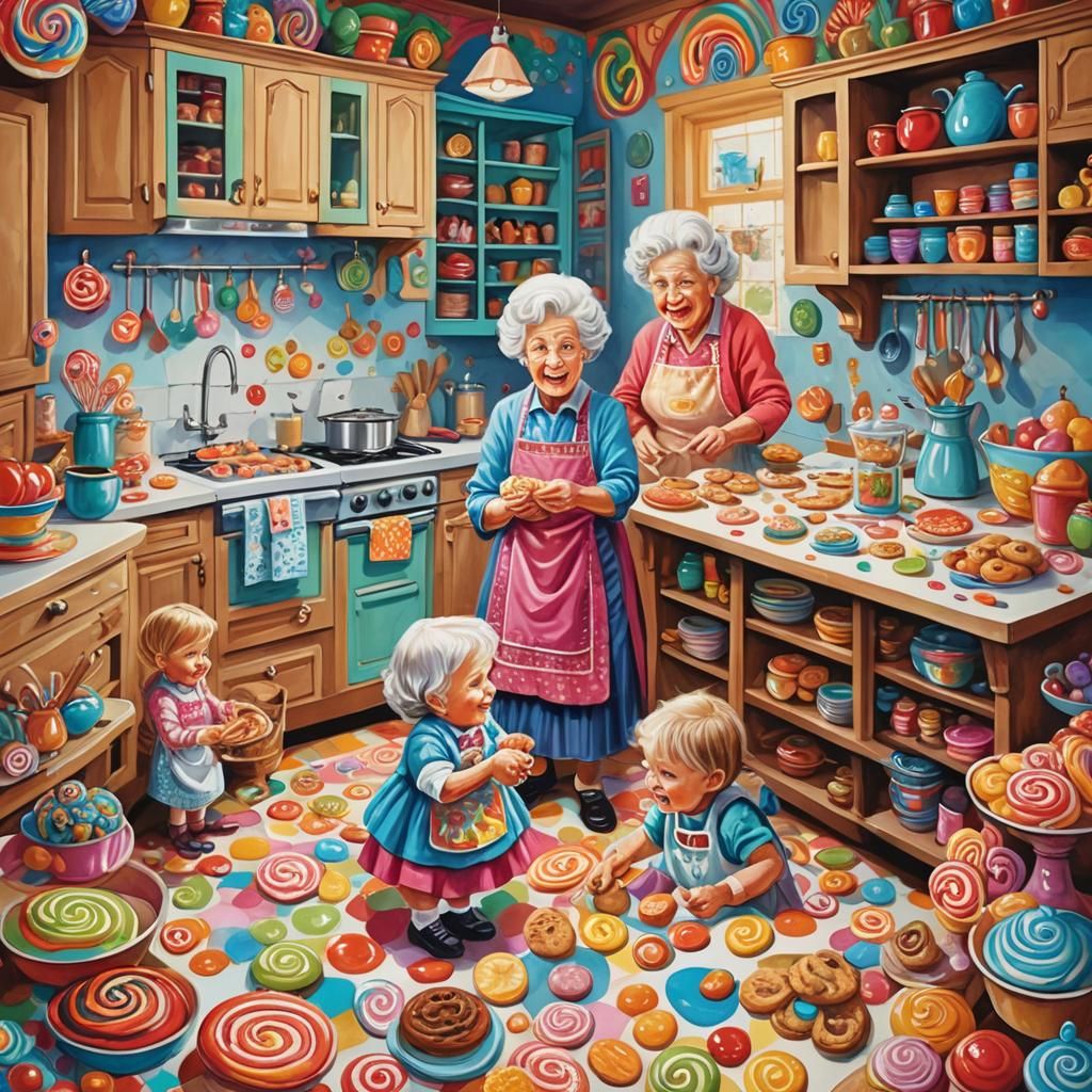 Grandmother and Grandchildren Cookie Quest in Gouache