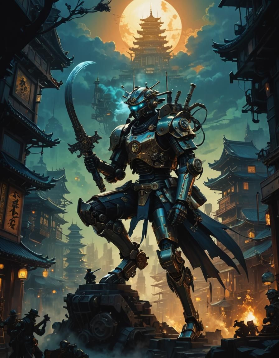 Steampunk Samurai in Gothic Cityscape