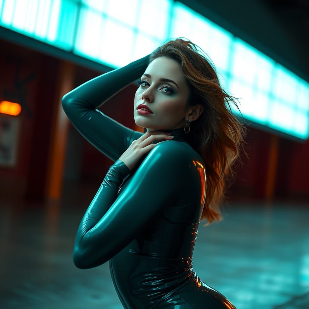 Sultry Woman in Teal Latex Bodysuit