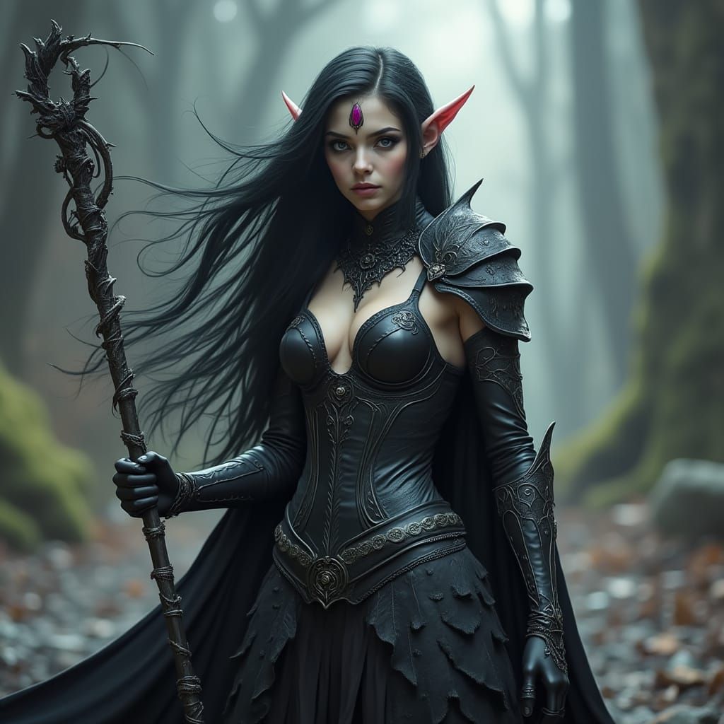Gothic Fairy Elf Goddess in Mystical Forest