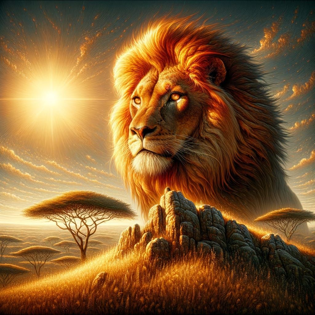 Majestic Lion Overlooking Savannah as Oil Painting