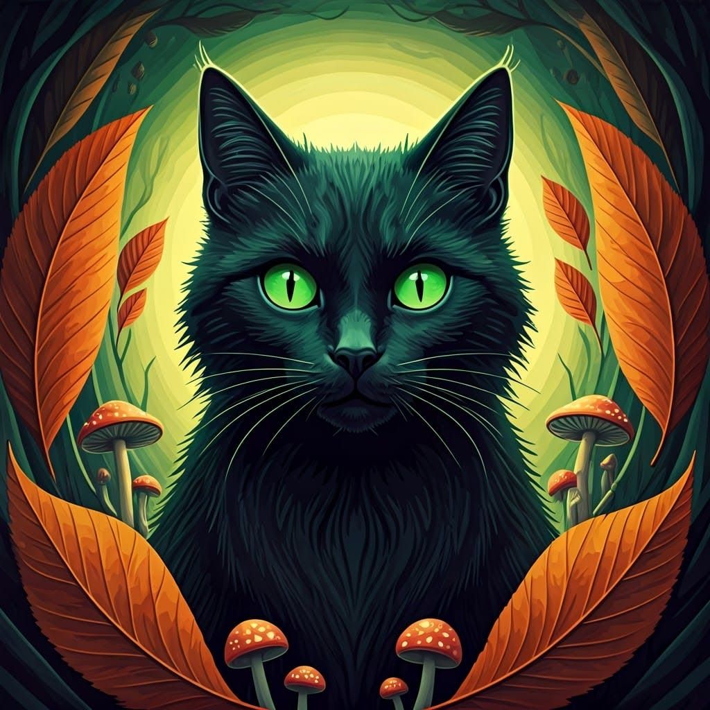 Mystical Black Cat in Pop-Surrealist Autumn Forest
