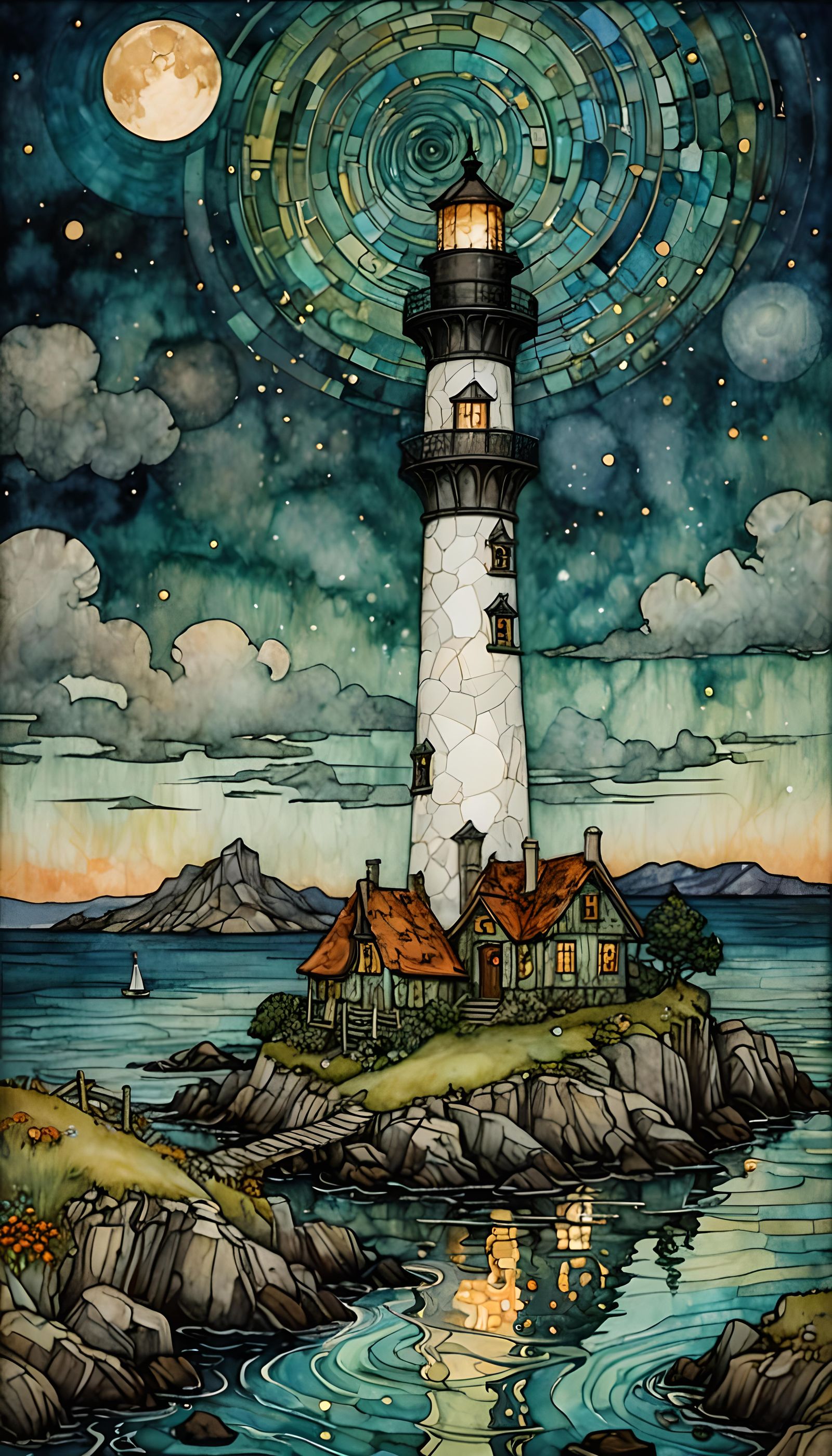 Lighthouse at Night in Klimt-Inspired Astral Style