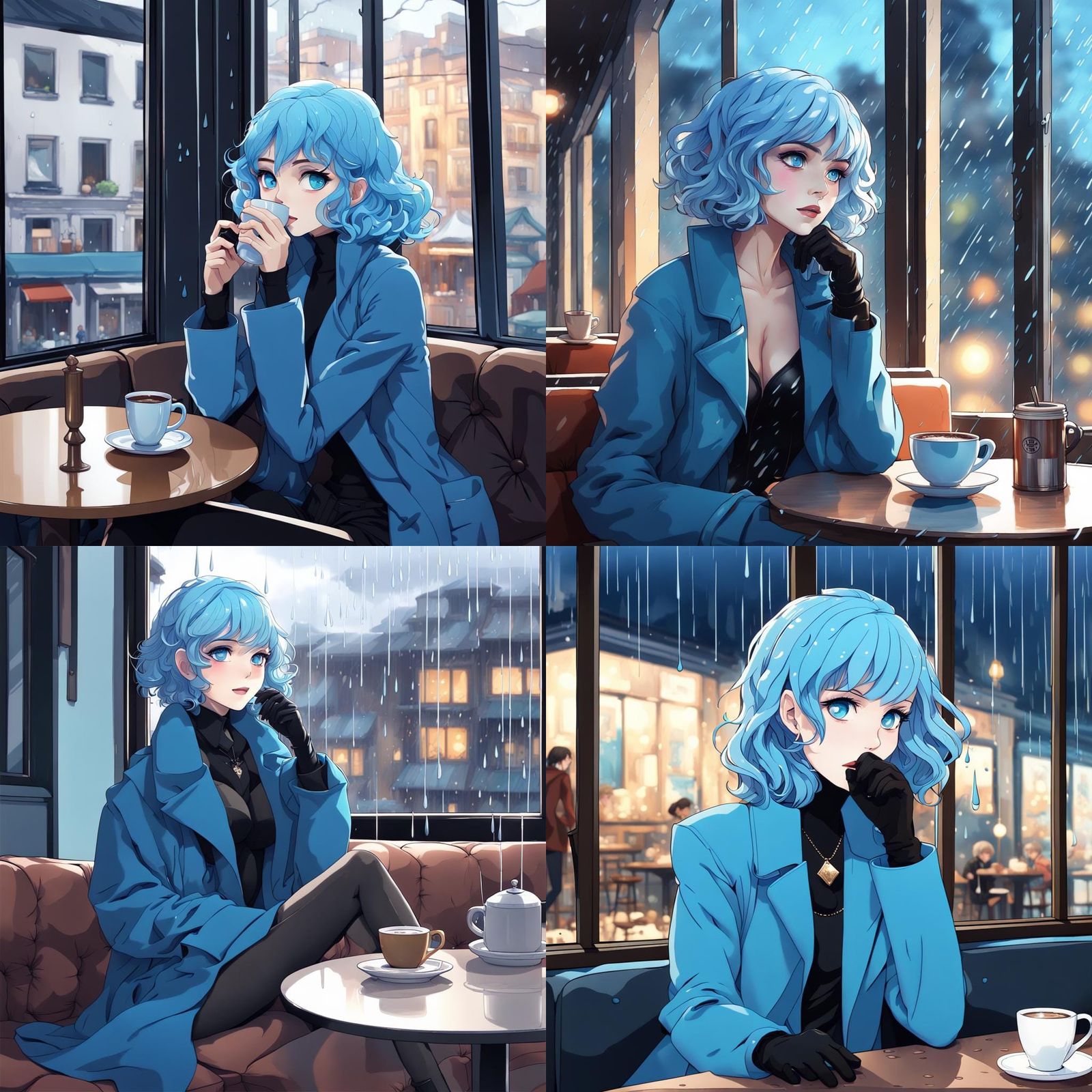 Blue-Haired Woman Enjoying Coffee in Rainy Cafe