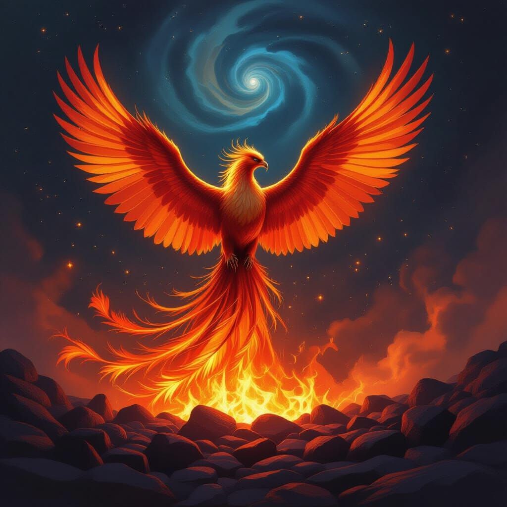 Majestic Phoenix Rises from Cosmic Embers in Oil Painting St...