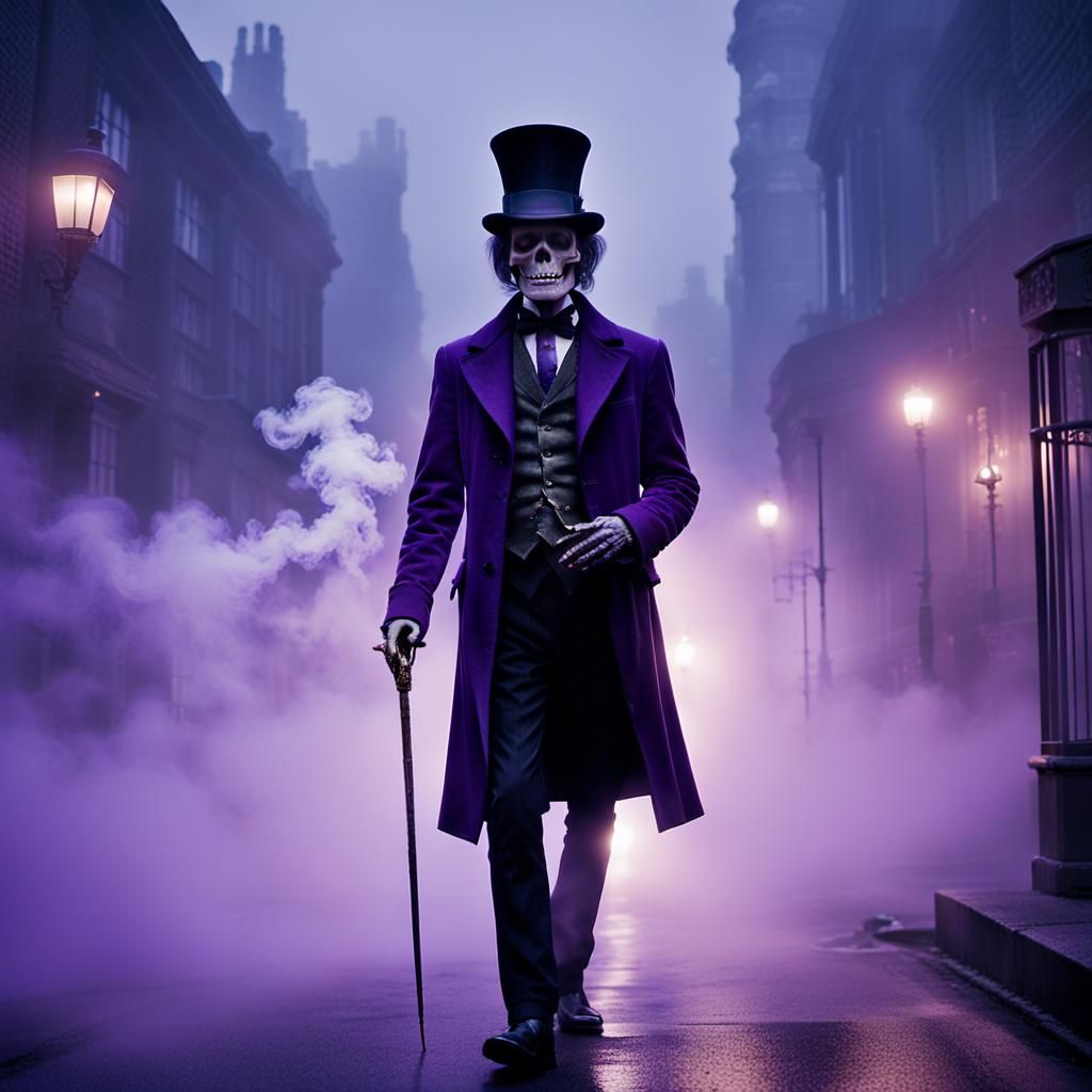 Gothic Skeleton Smoker in Foggy City Street
