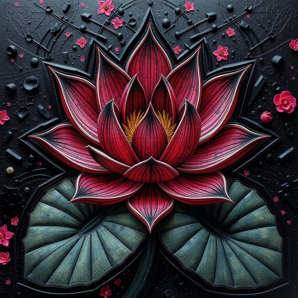 Psychedelic Black Lotus Flower in Encaustic Style