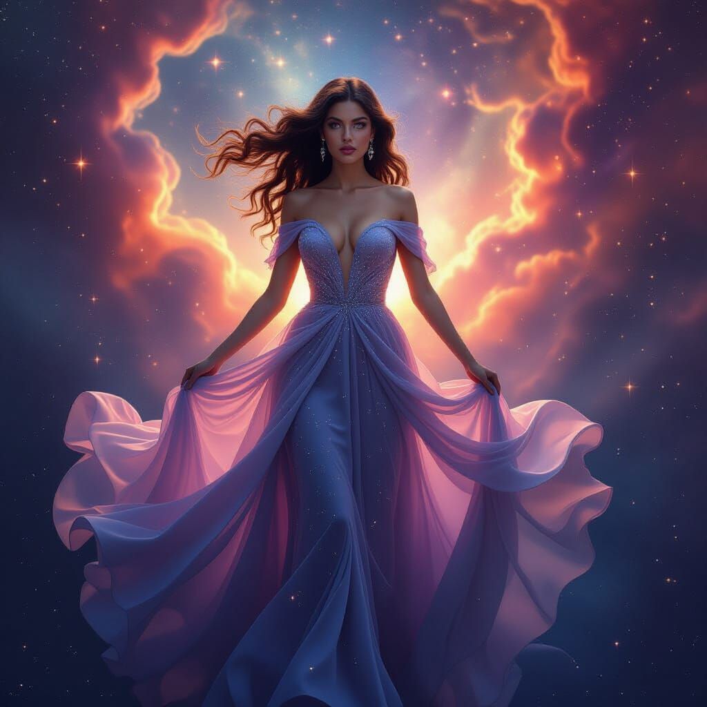 Celestial Woman Emerges from Space Nebula in Cosmic Surreali...