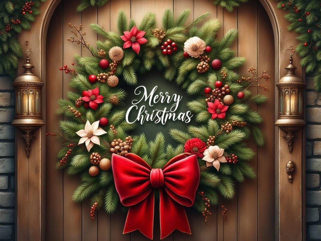 Vintage Christmas Card with Holly and Poinsettias