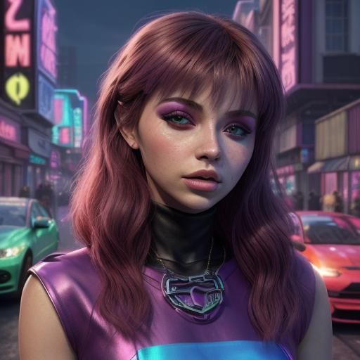 Synthwave Portrait: Young Woman in Futuristic Cityscape