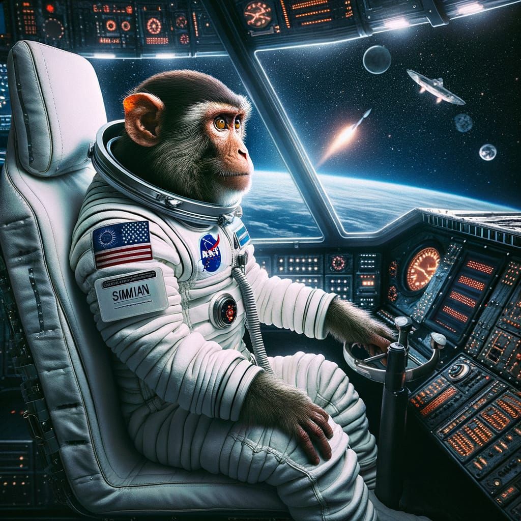 Monkey Astronaut Pilots Rocket Ship Through Space
