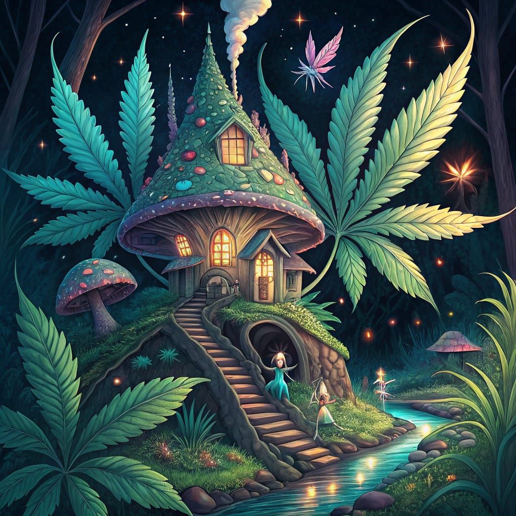 Bioluminescent Fairy Village in Psychedelic Art Nouveau Styl...