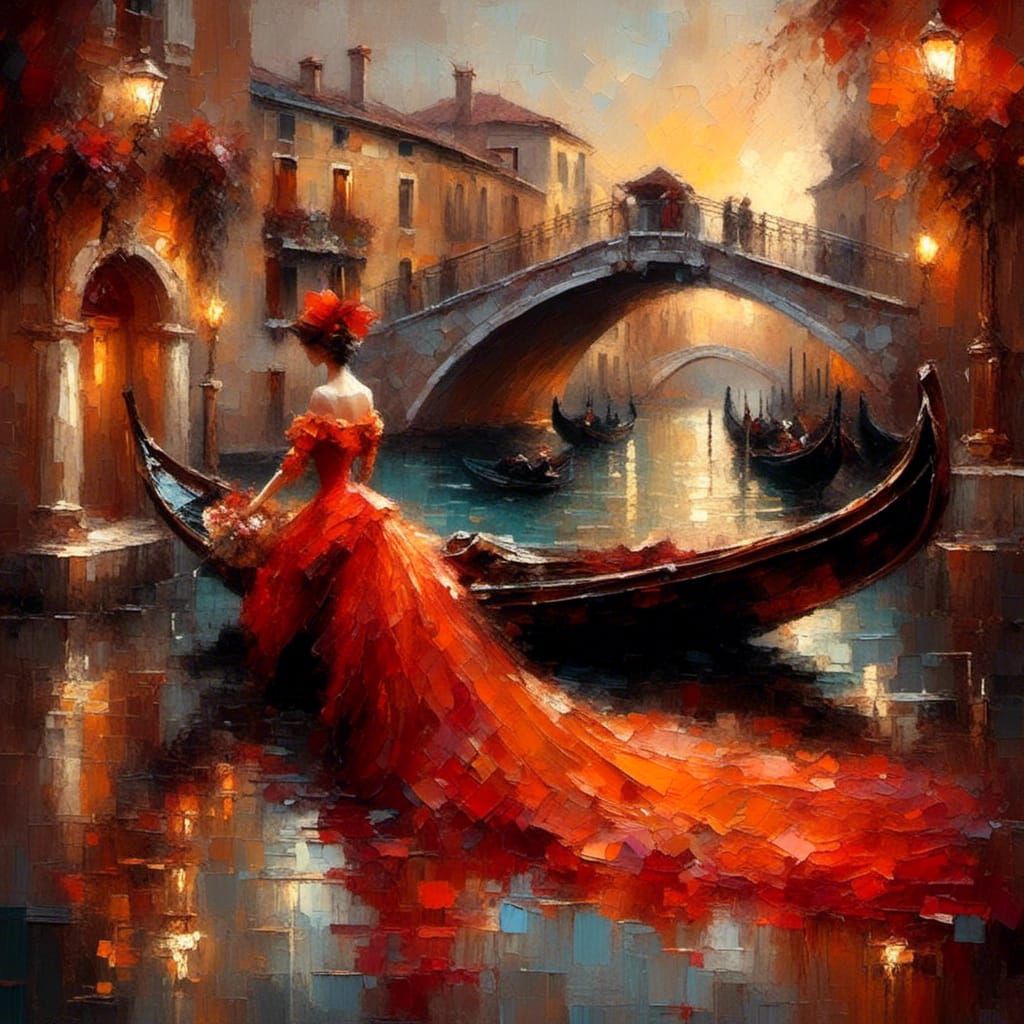 Venetian Woman in Gondola: Oil and Grunge Style