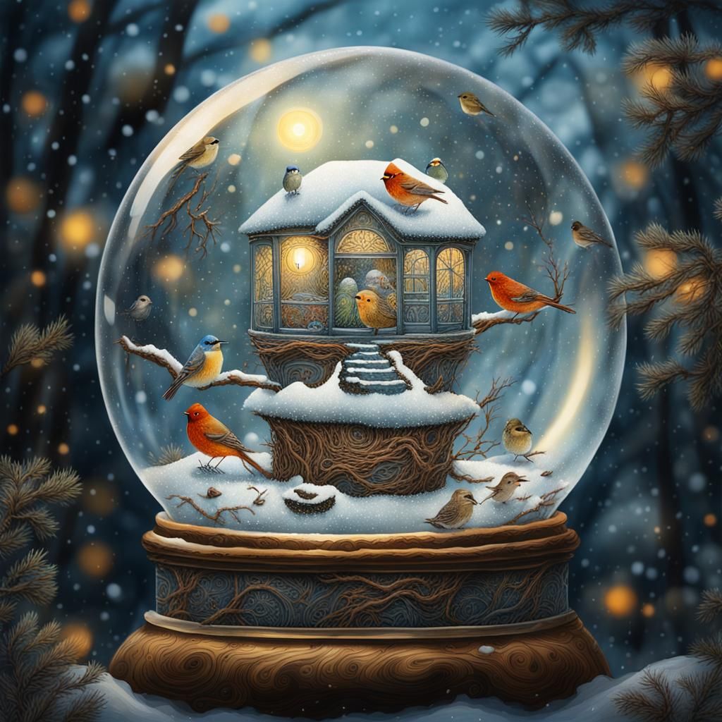 Birds Nesting Inside Snow Globe, Watercolor