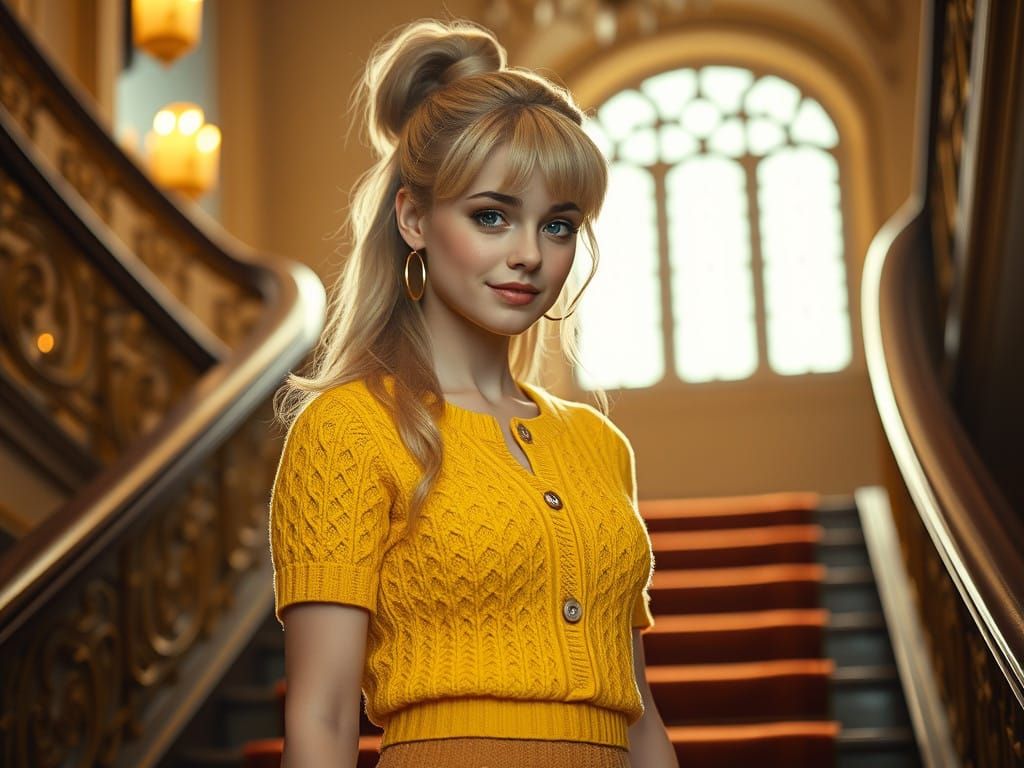 Elegant Blonde Woman in Yellow Sweater, Sweeping Staircase i...