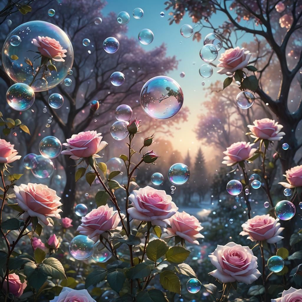 Frozen Roses in Iridescent Bubbles: Dreamy Matte Painting