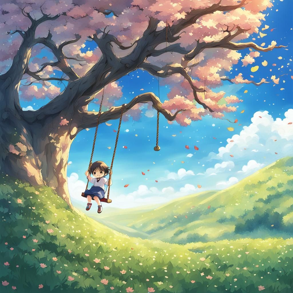 Girl on Swing, Anime Style Illustration