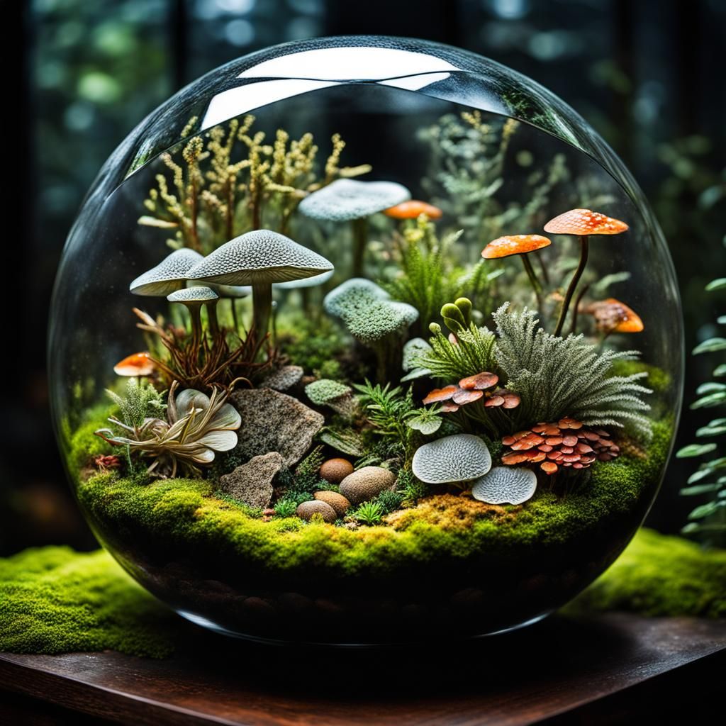 Intricate Glass Terrarium with Plants and Fungi