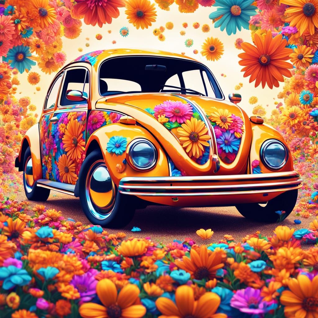 Psychedelic Flower-Covered Volkswagen Beetle in Pop Art Styl...