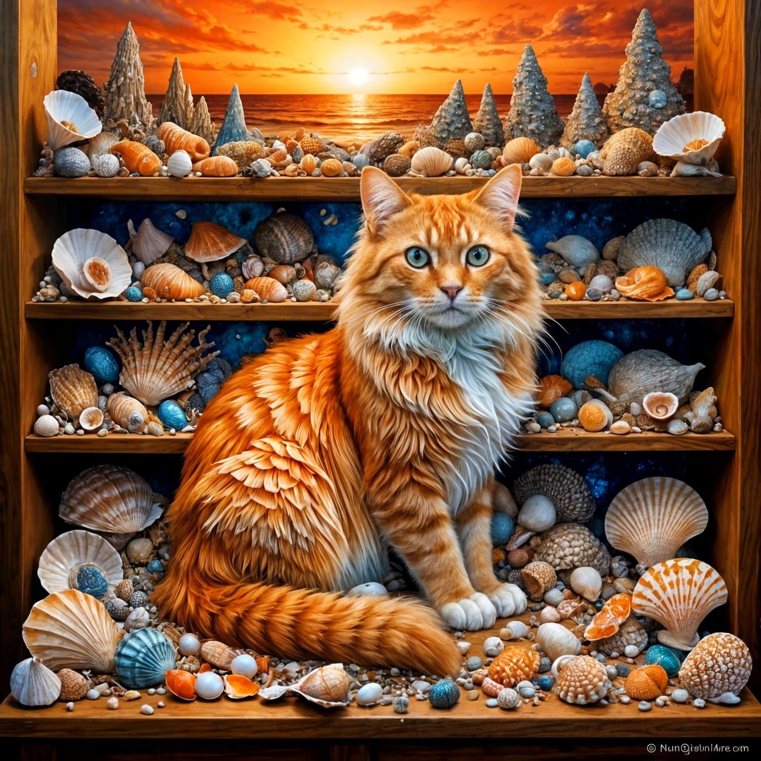 Majestic Orange Cat Surrounded by Colorful Shell Collection ...