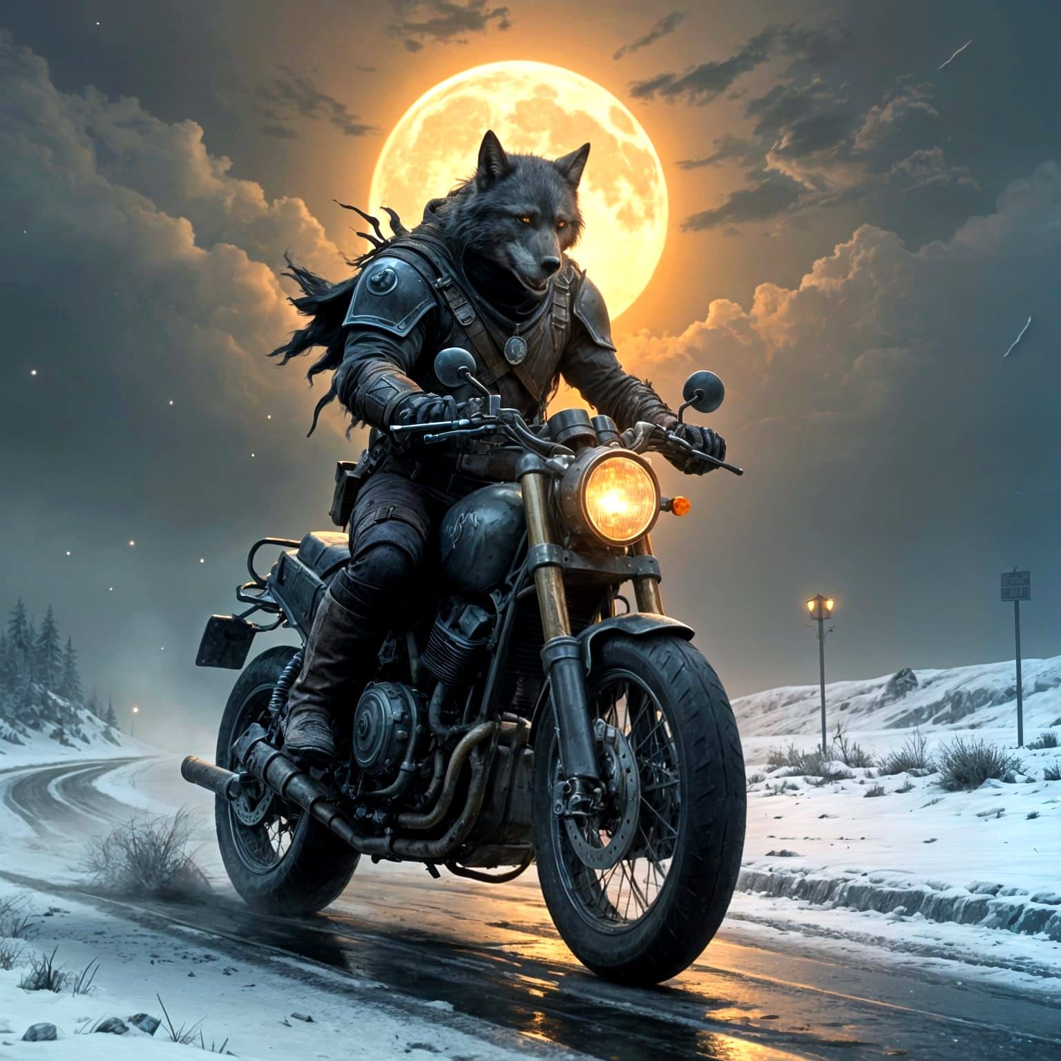 A lone wolf, adorned with a tattered leather vest, rides a s...