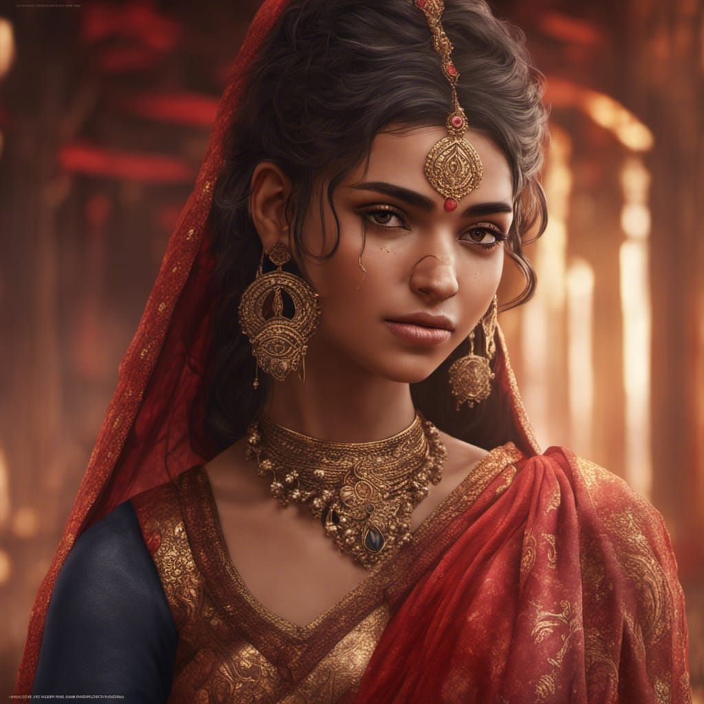 Princess indian using Sola Shringar, Bindi, Nath and red sar...